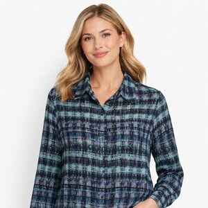 Liz Claiborne Women's Abstract Plaid in Teal, Blue, Purple, Blk Blouse - L  NWT